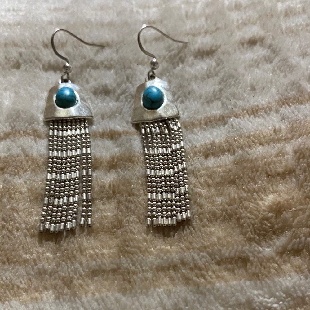 Turquoise Fringe Dangle Earrings - Silver Tone Women Jewelry